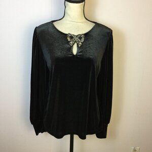 Loft Blouse Top Sz M Womans Black Stretch Velvet Long Sleeve Bow Beaded Keyhole